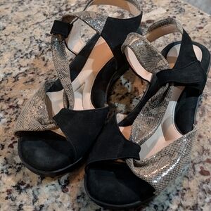 BeautiFeel Black and Tan Snakeskin Leather Low Wedge Sandals-Sz 39(US 8/8.5)New